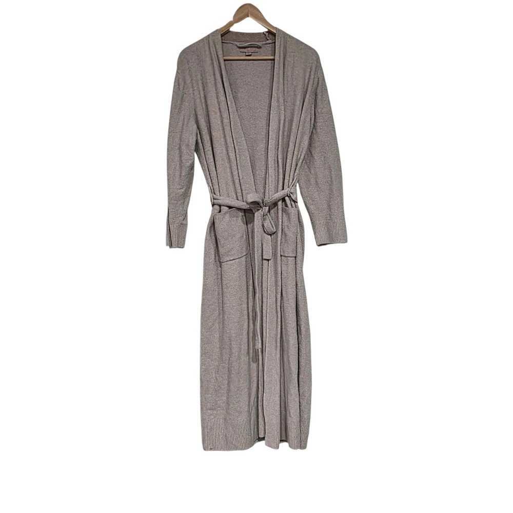 Barefoot Dreams CozyChic Lite Ribbed Robe Womens L/XL Taupe/Pink Belted Duster
